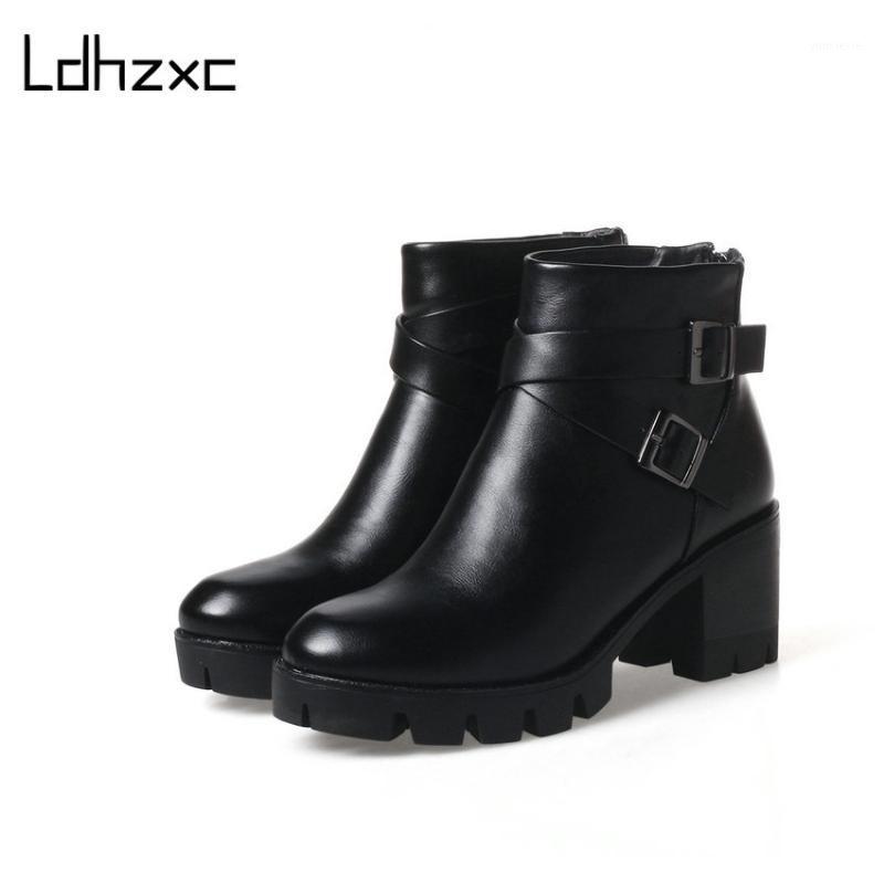 

QUTAA 2021 Women Ankle Boots Square High Heel Zipper Round Toe Women PU leather Black Ladies Motorcycle Boots Size 34-431, Brown