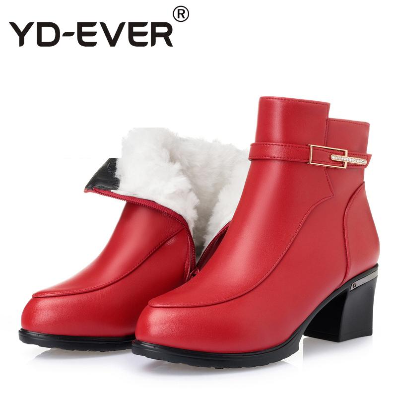 

YD-EVER Genuine Leather Women Ankle Boots Thick high Heels Boots Winter Autumn Warm wool Fur snow Big Size 9333, Black no fur