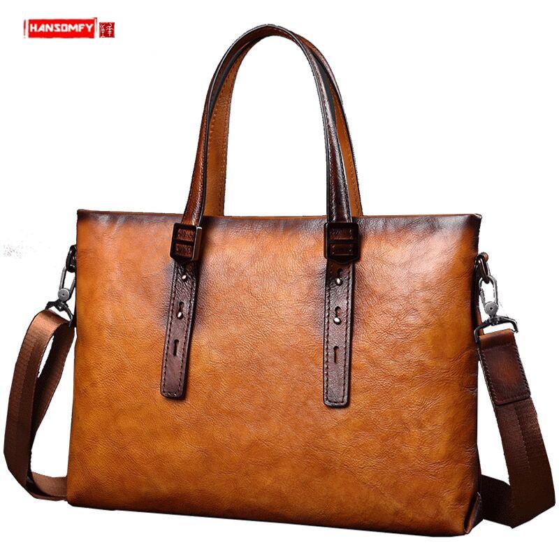 

Gennuine Leather Briefcase Men's Business Handbag 14 Inch Laptop Bag Fashion Casual Men Shoulder Slung Computer Bag Tide Brand, Black