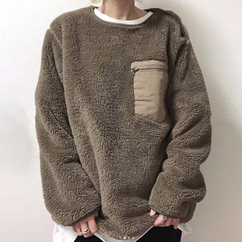 

2021 New Autumn Long Sleeve Pullover Hoodie Women Pocket Patchwork Elegant Korean Teddy Coat for Spring Brown Outwear Tops 2MN8, Khaki