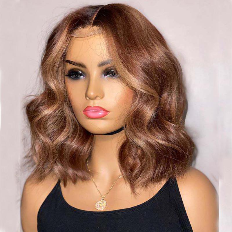 

Bob Wavy Highlight Human Hair 360 Lace Front Wigs Malaysia Brown Remy Hair 4x4 Lace Closure Wigs for Women, Lace front wig