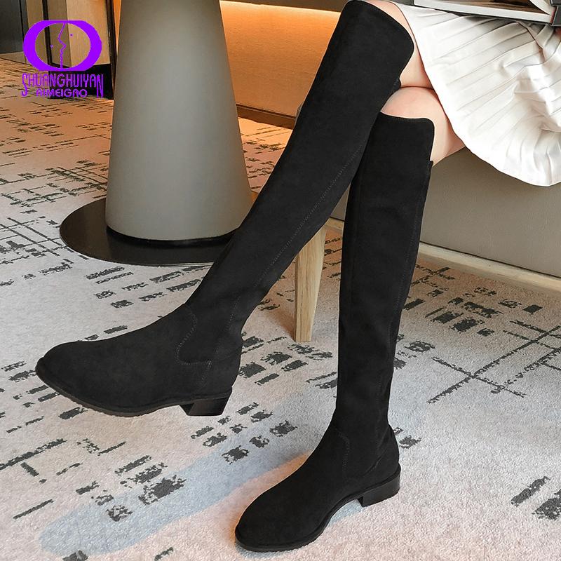 

AIMEIGAO Winter Casual Flock Long Boots Women 2020 Slim Suede Over-the-Knee Basic Low Heel Boots Female Slip-On Patchwork Shoes, Black