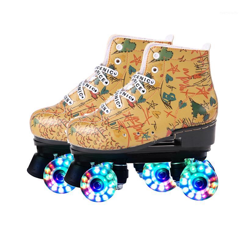 

Leather Roller Skates Hard-Wearing Men Women 4-Wheel Skates Different Size For Choice Breathable Double Line Rollerskares1, Golden white wheel