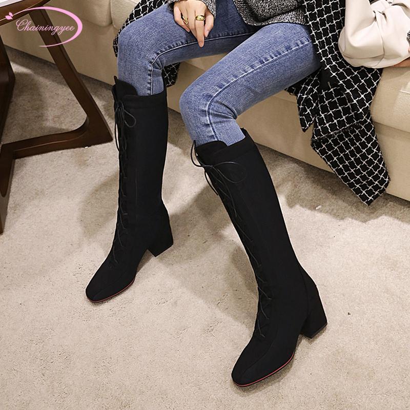 

Casual style comfortable square toe knee-high boots lace-up zipper black brown red high-heeled chunky riding boots women's shoes