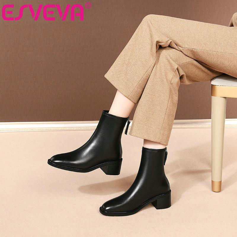 

ESVEVA 2021 Square Med Heel PU+Leather Women Shoes Round Toe Elegant Ankle Boots Zipper Fashion Ladies Pumps Big Size 34-41, Beige