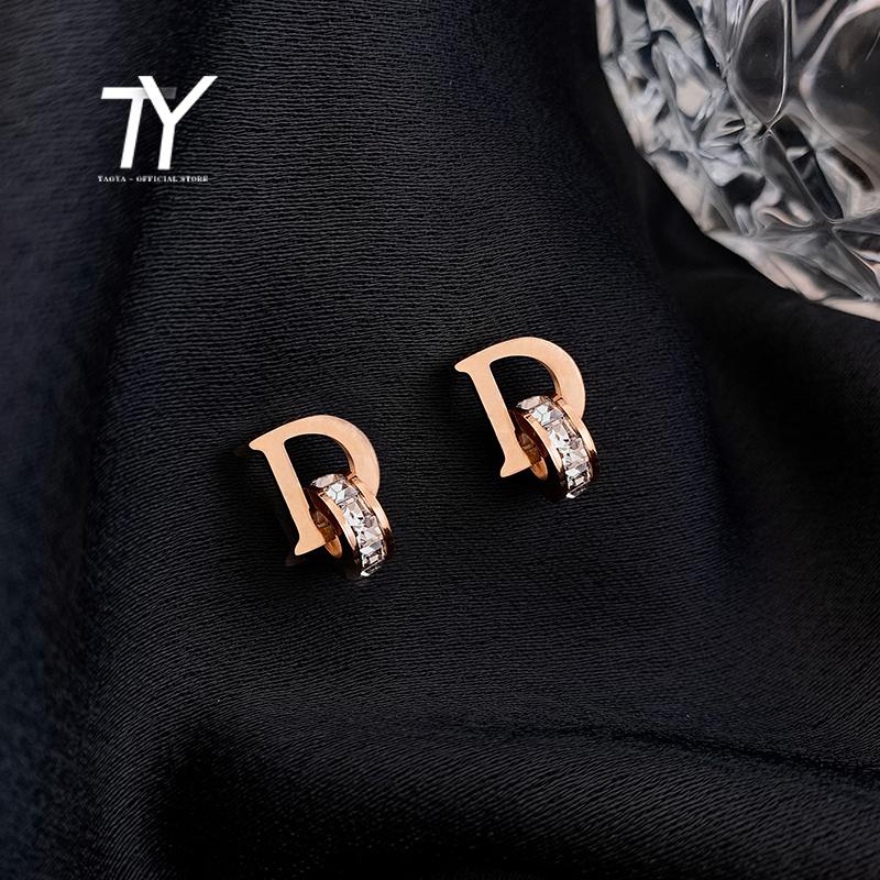 

Stud Titanium Steel Zircon D Letter Circle Earrings Luxury Party For Women Christmas Unusual Fashion Versatile, Golden;silver