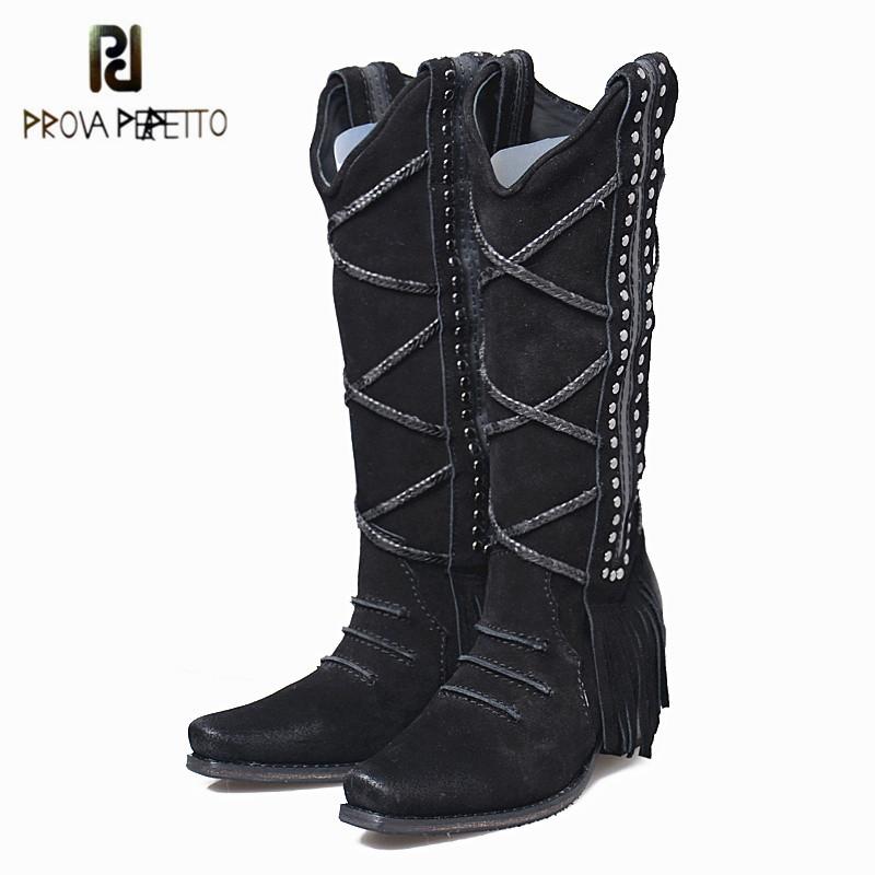

Prova Perfetto High Quality Women Thigh High Boots Cow Suede Fringe Buckle Strap Retro Mixed Colors Heels Lady Casual Boots, Black
