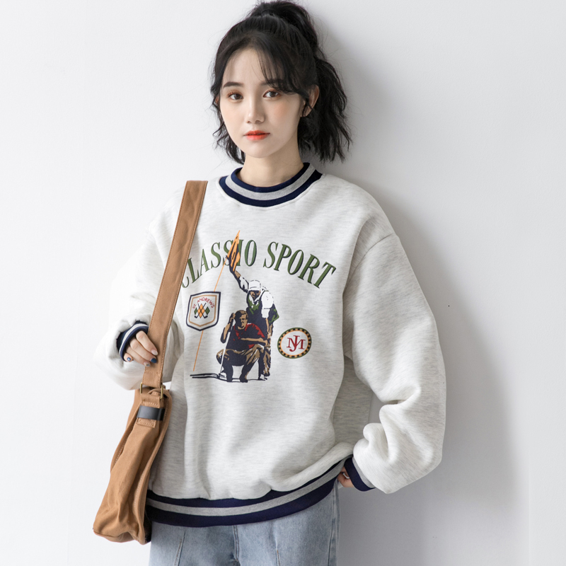 

2021 New Retro-printed Grey Port Style Plus Women' Quilted Velvet Around the Neck Top Sweater HF7L, Games