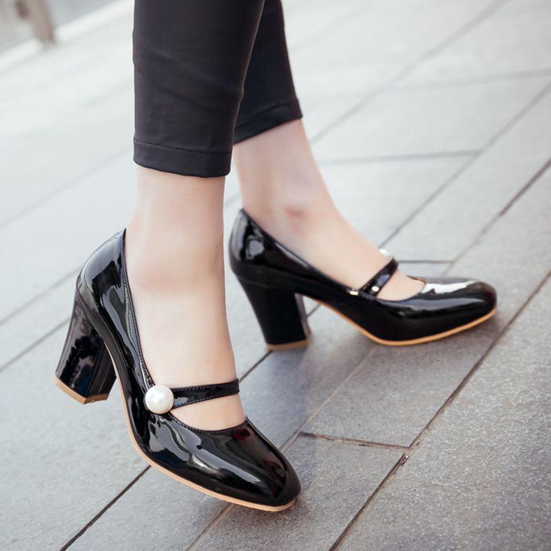 

AGODOR 2020 Fashion Women Patent Leather Mary Janes Pumps High Block Heel All Match Ladies Pumps New Spring Shoes Size 34-48, Black