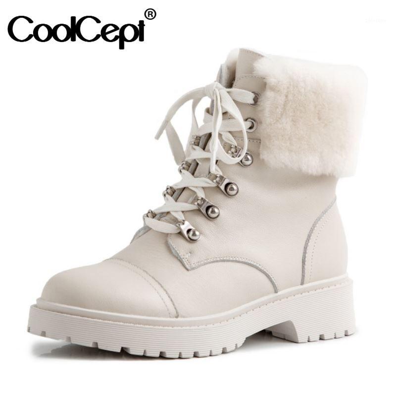

CoolCept Women Flat Heel Ankle Boots Real Leather Plush Fur Warm Women Winter Shoes Short Boots Footwear Size 34-401, White