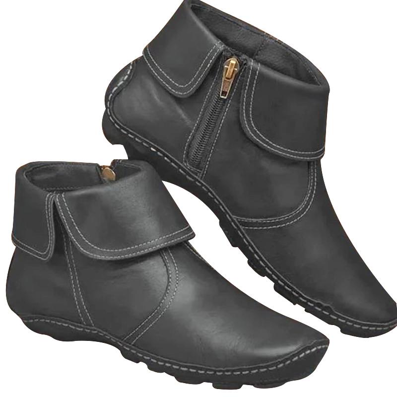 

New Fashion Autumn Female PU Leather Boots Round Toe Side Zipper Warm Water Resistant Casual Booties Shoes Woman, Red