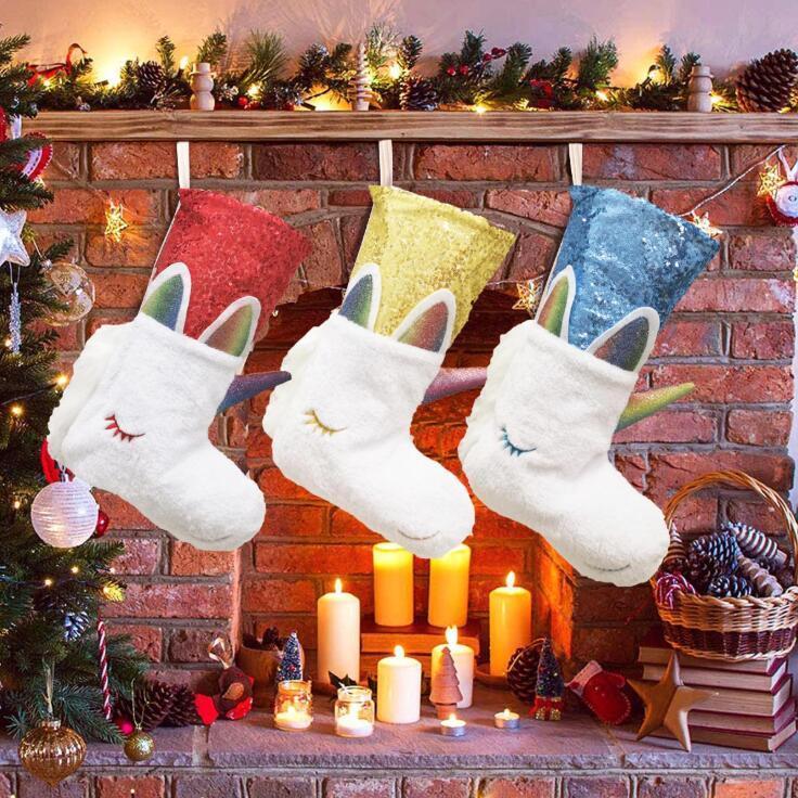 

Large Sequined Unicorn Socks Christmas Stocking Hanging Xmas Candy Holder Kids Party Favor Gift Decoration
