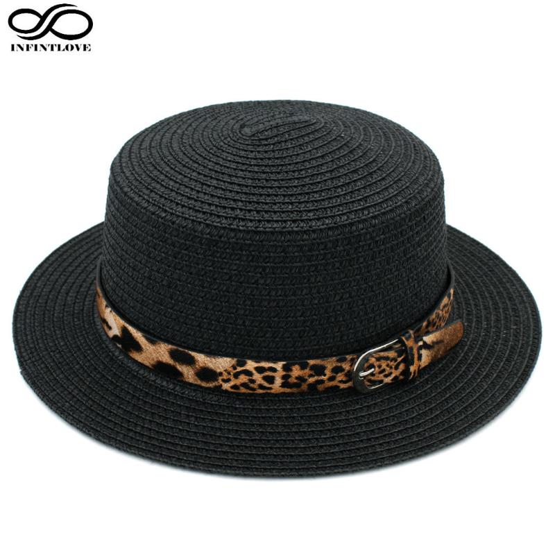 

Wide Brim Hats LUCKYLIANJI Women Boater Hat Straw Summer Sunhat Flat Top Caps Sexy Leopard Leather Band (:58cm, Black