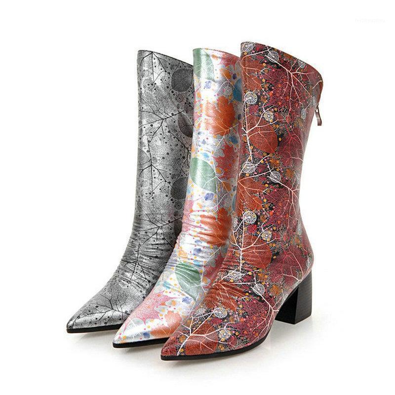 

Winter Women's Shoes High-end Printing Calf High Boots Fashionable Pointed Sexy Ladies Boots Zipper Square Root Pattern Large1, Black