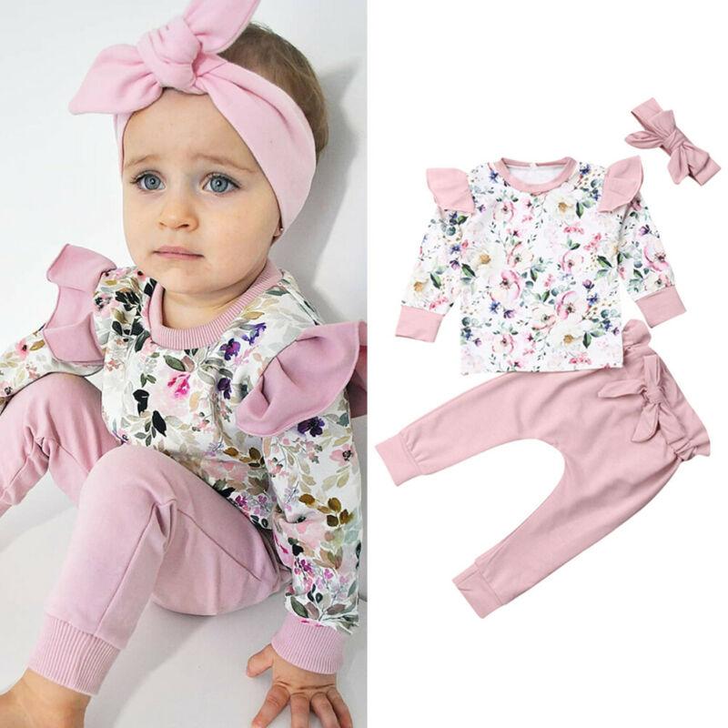 

Baby Girl Clothing Set Pullover Set Sweet Infant Baby Girl Clothes Long Sleeve Flower Tops+pants 3pcs Outfit Autumn 0-24 Months, As pic