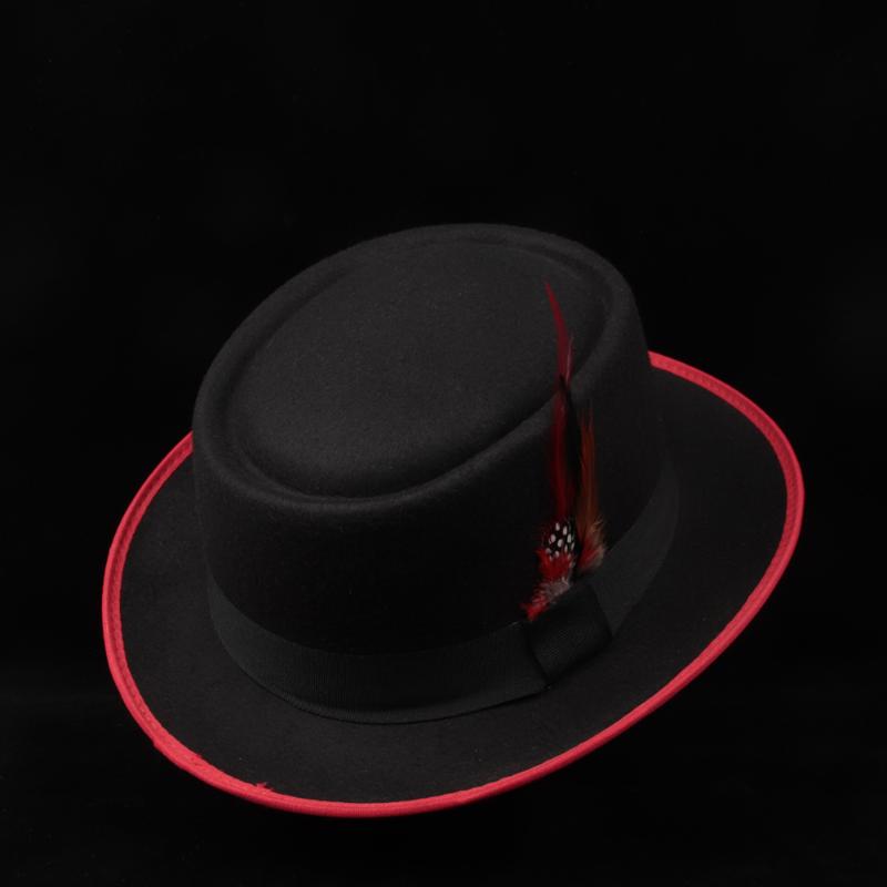 

Men Women Flat Fedora Hat Pork Pie Hat Red Feather Jazz Size 58CM, Black