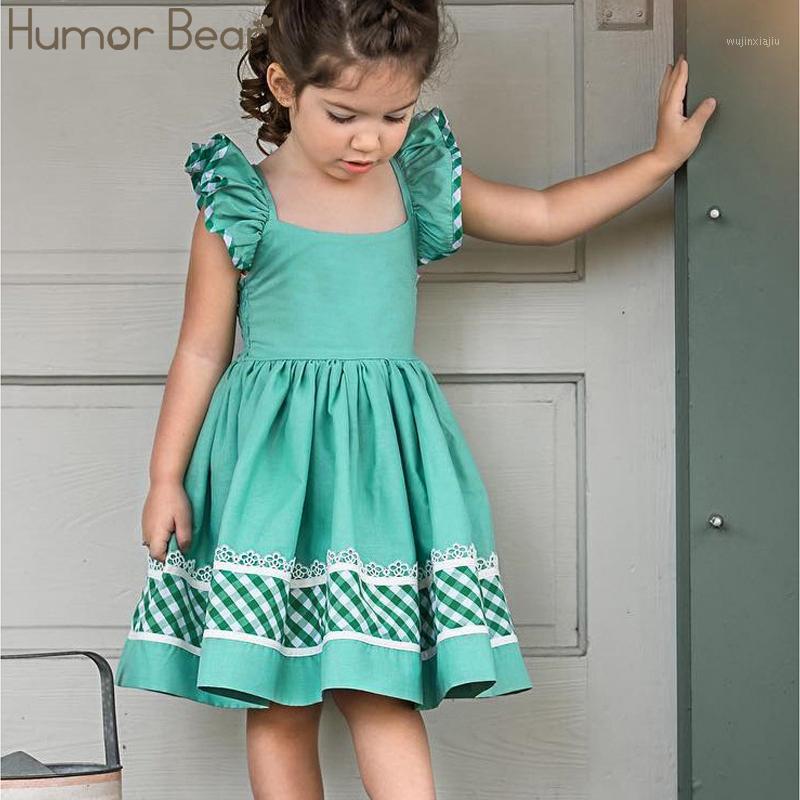 

Humor Bear New Summer Children's Dress girls flying sleeve dress baby plaid Open back strap Baby Girls Kids Clothing1, Green