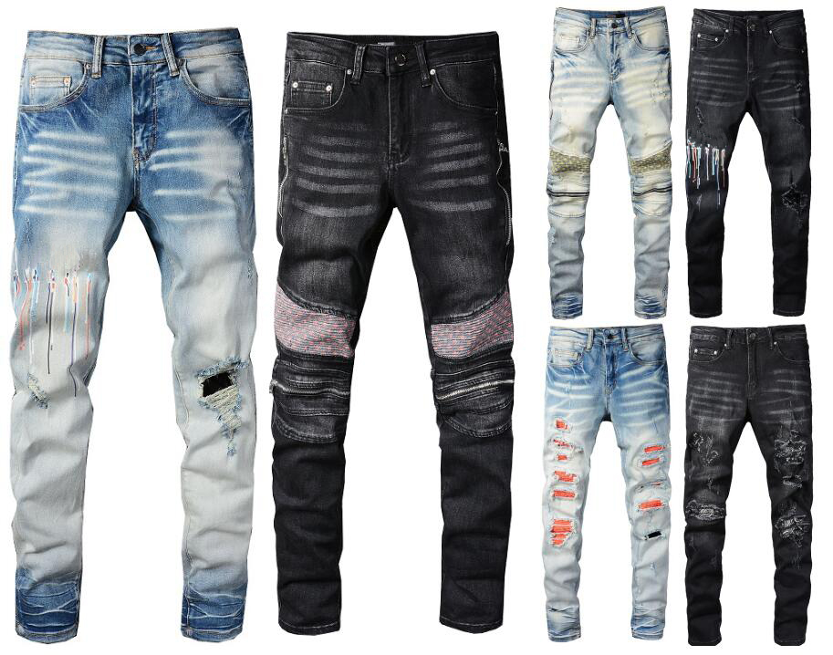 

High Quality Mens Luxury Design Jeans Classical Distressed Motorcycle Biker Jean Rock Skinny Ripped Holes Stripes Famous Designer Denim Long Pants--63, Silical gel