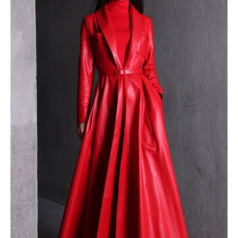 

Nerazzurri high quality red black maxi leather trench coat for women long sleeve extra long skirted overcoat plus size fashion 210201, Positive red