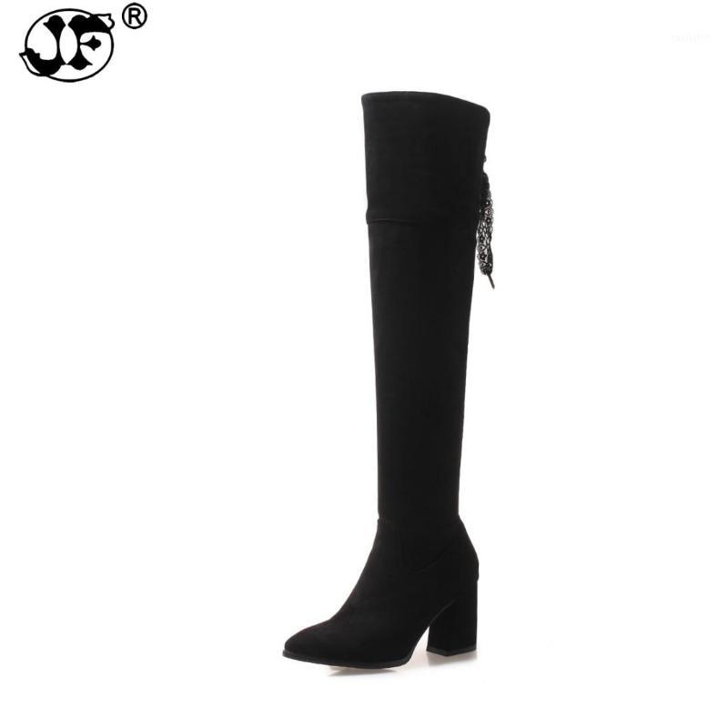 

2019 New Flock Leather Women Over The Knee Boots Lace Up Sexy High Heels Women Shoes Lace Up Winter Boots Warm HJM901, Black