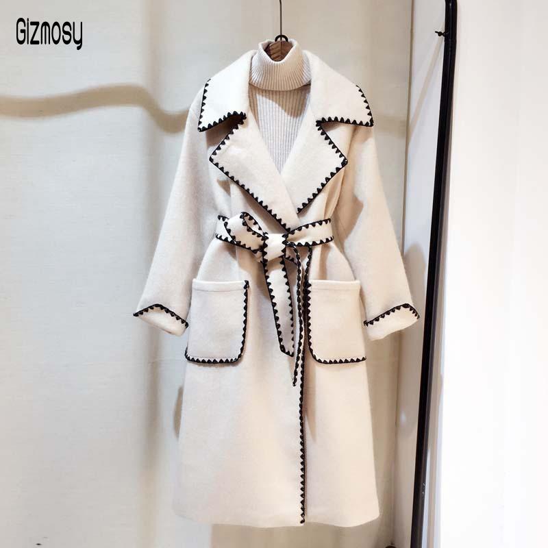 

2020 Autumn Winter New Women Wavy Edge Suit Collar Long Woolen Coat Female Casual Fashion Coat Solid Loose Wool CA3316, Beige