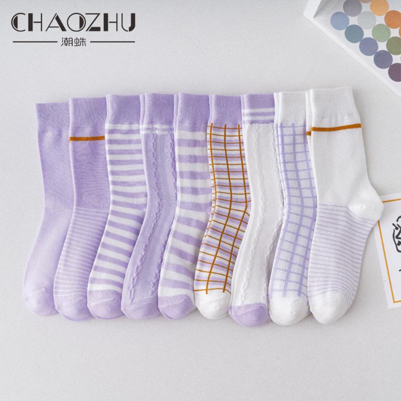 

CHAOZHU New 2020 Fall Winter Fashion Purple Series Striped Dots Plaid Women Cotton Socks 200 Needles Knitting Skateboard Girls