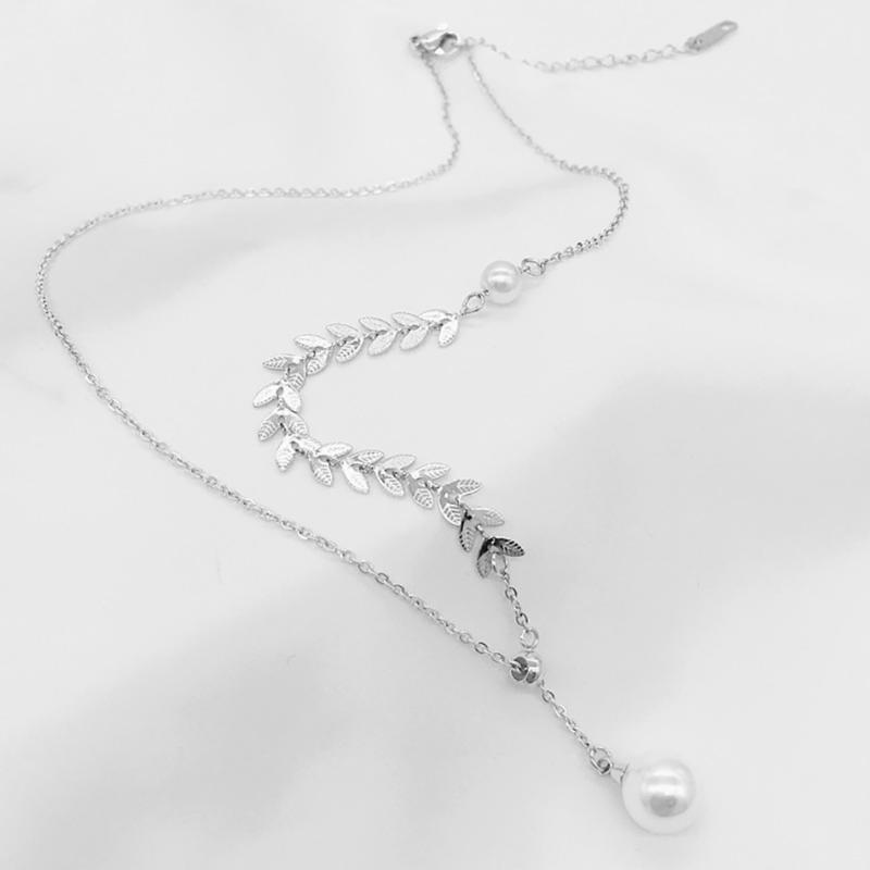 

Women Necklace Adjustable Simple Leaves Fake Pearl Pendant Necklace1