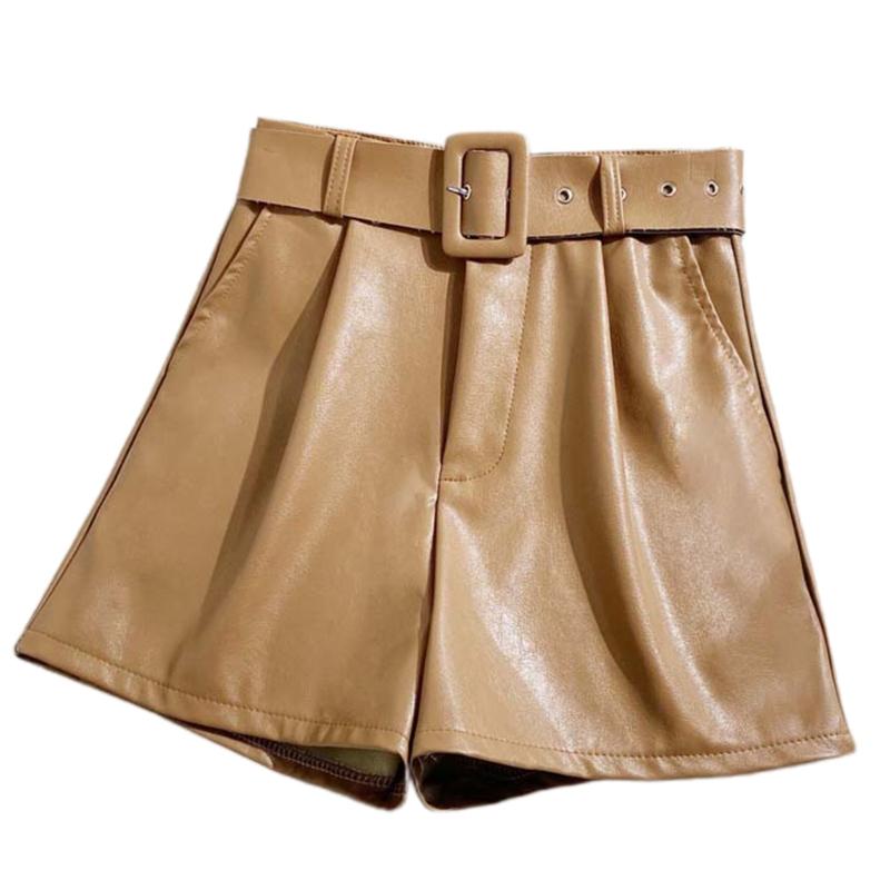 

Women Fashion Versatile High Waist PU Leather Wide Leg Shorts With Belt E56A, Black