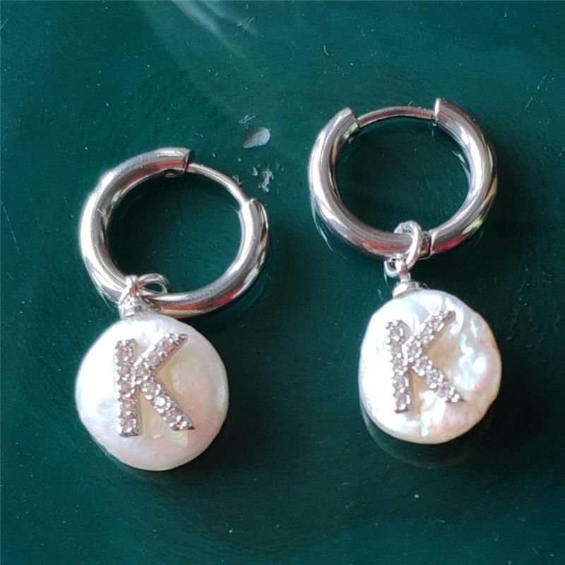 

5pairs Natural Flat Coin Freshwater Pearl Charm Micro Pave White CZ 26 Alphabet Letter Gold Statement Women Hoop Earring 2021