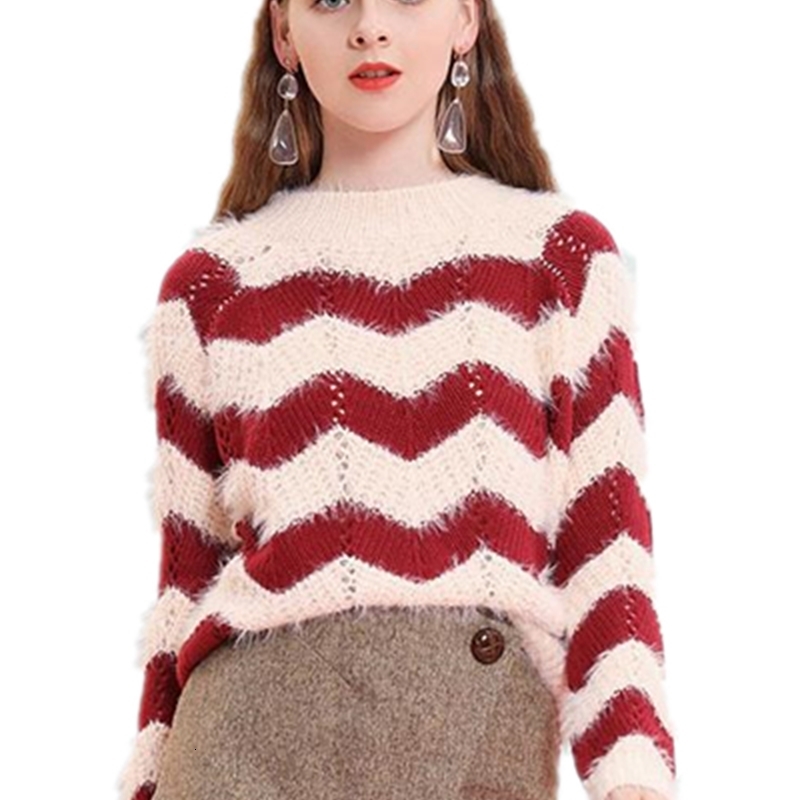 

2021 New Vintage Wavy Striped Mohair Cotton Women Autumn Winter Pullover Jumper Pull Femme Hiver Loose Streetwear Sweater W77n, Black