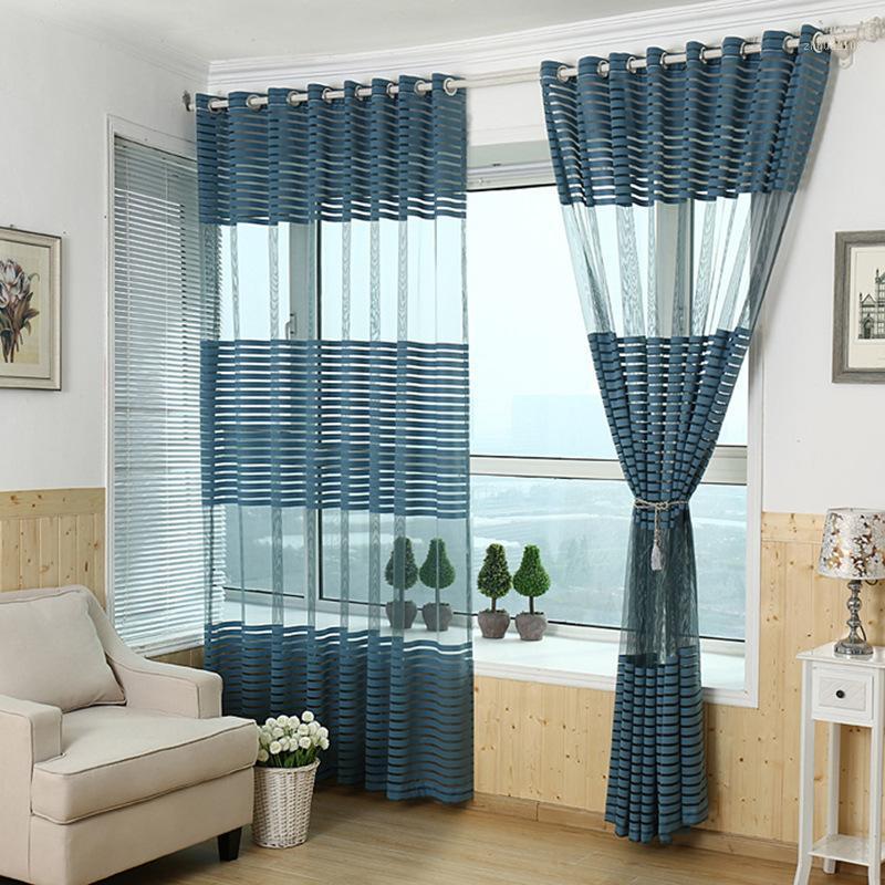 

Quality Striped Tulle For Living Room Bedroom Modern Chinese Geometric Pattern Yarn Dyed Home Window Curtain Voile Drapes1, Blue