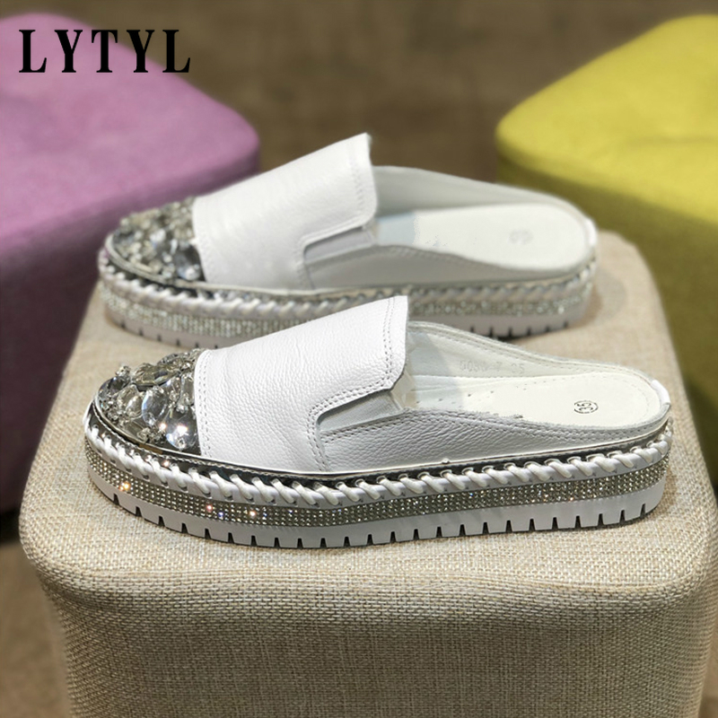 

Rhinestone Women Platform Slippers Fashion Casual Sandals Women Leather Silver mules Slides Summer Slip On Rubber Shoes C0-9 X1020, White
