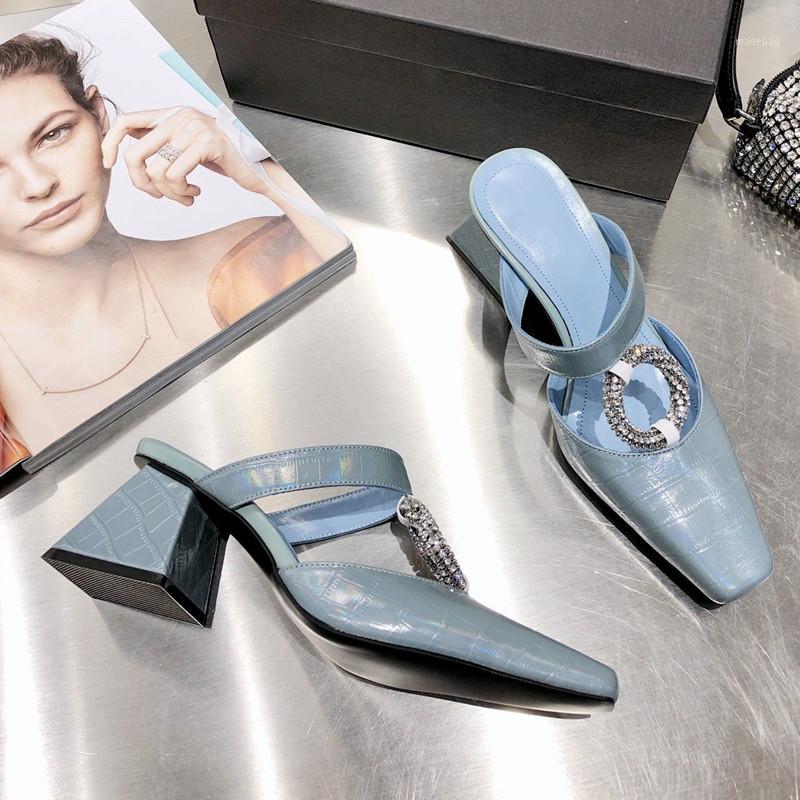 

Fashion Squared toe Crocodile leather Summer women slippers chunky heel mules crystal rings decor casual slides1