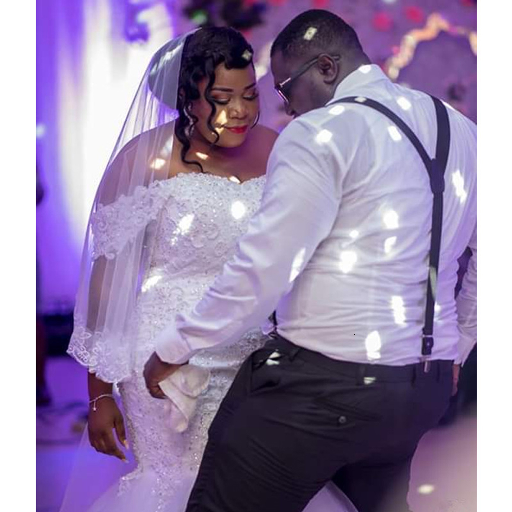 

2021 New Frizzy Pearl Mermaid Luxury Dress Sexy Off the Shoulder Bow Wedding Gown ILN4, White