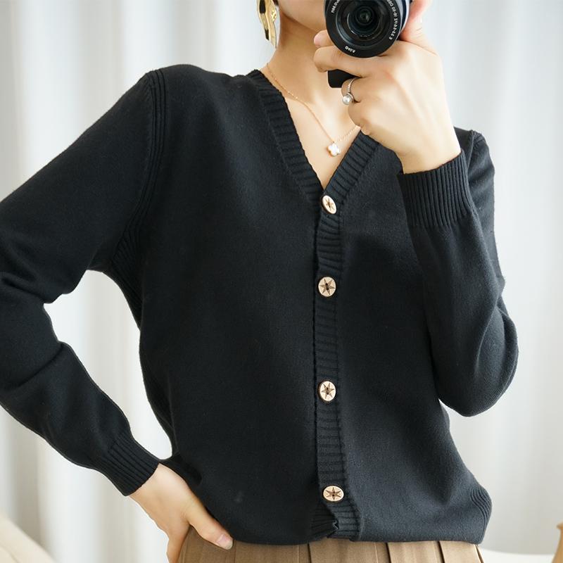 

Female cardigans autumn thin knitting blouse long sleeves v-neck cuff dense quality sewing stars button women knitwear, Black