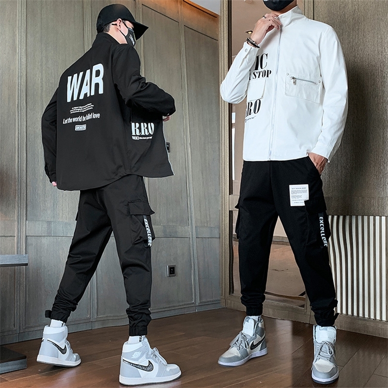 

Fashion Hip Hop Men Patchwork Jacket Sets Men's Tracksuit Two Pieces Suit Workwear Jackets+Pants Male Cargo Coats Trousers 201109, Bla1-k02 grey