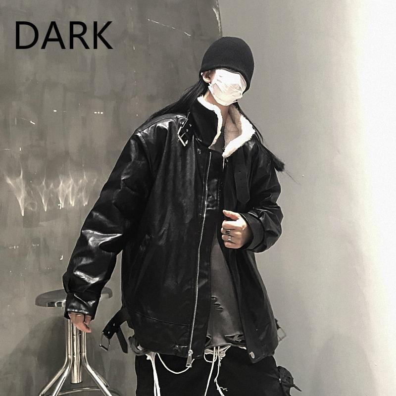 

DARK Harajuku Style Personality Buckle Pu Leather Jacket Female Solid Color Thick Plush Liner Warm Cotton Jacket Student, Black