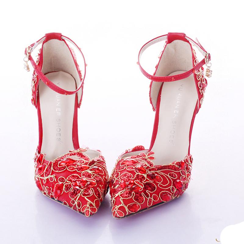 

Popular Pointed Toe Ankle Strap Red Wedding Shoes Womens High Heels Genuine Leather Pumps Stilettos Bridal Shoes 9cm Heels Pumps, Red 9cm heels