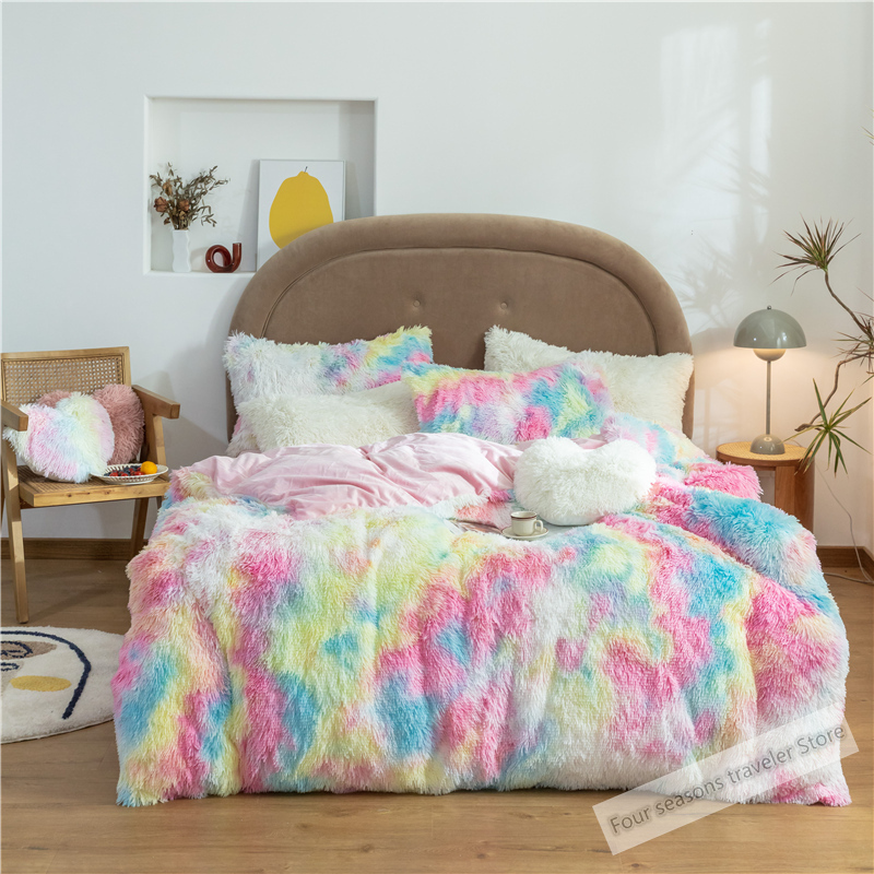 

Fluffy Velvet 27 Colors Bedding Set Mink Fleece Duvet Cover Flat Fitted Sheet Pillowcases Queen King size 4/6/7pcs Customizable LJ201127, Bnjf26