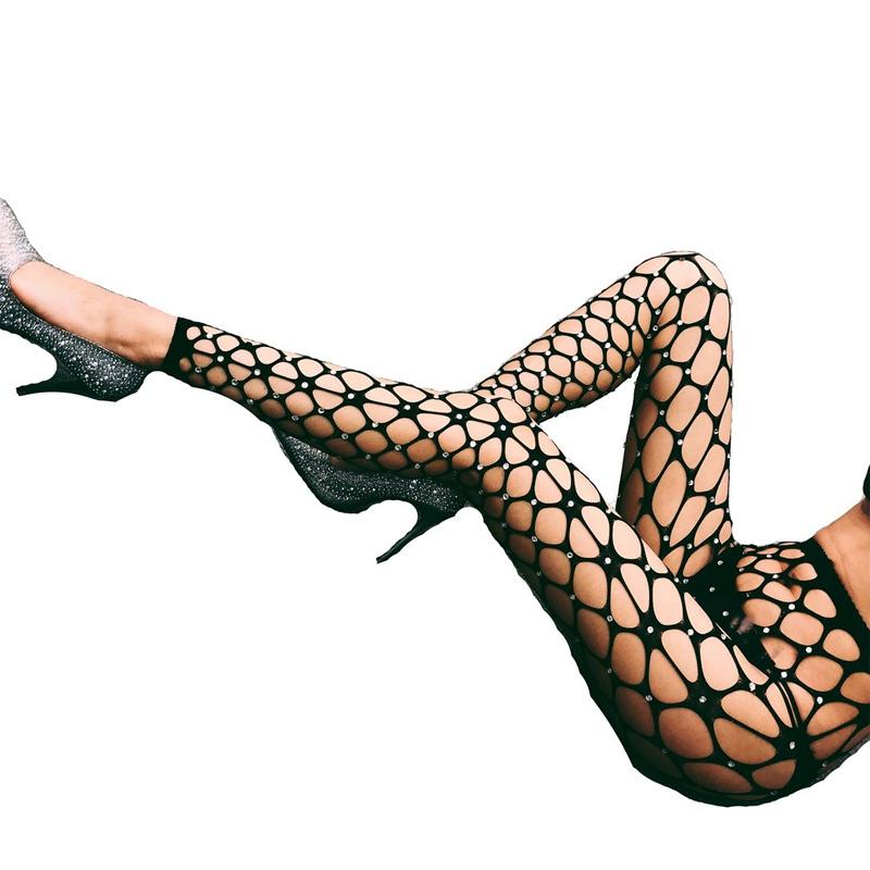 

Women Sexy Glittering Crystal Rhinestone Mesh Fishnet Pants, Black