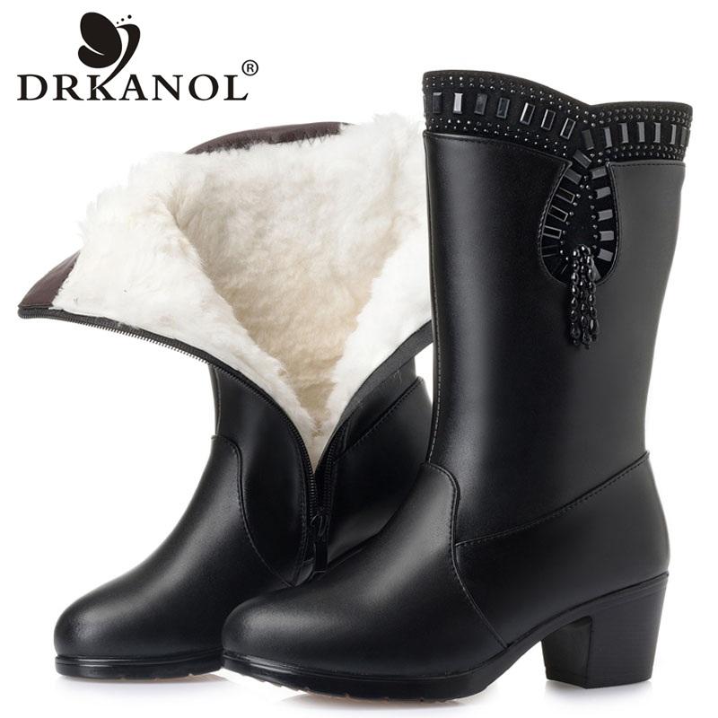 

DRKANOL Fashion Warm Winter Boots Women Thick High Heel Wool Warm Snow Boots Female Rhinestone Tassel Women Mid Calf H960, Artificial plush