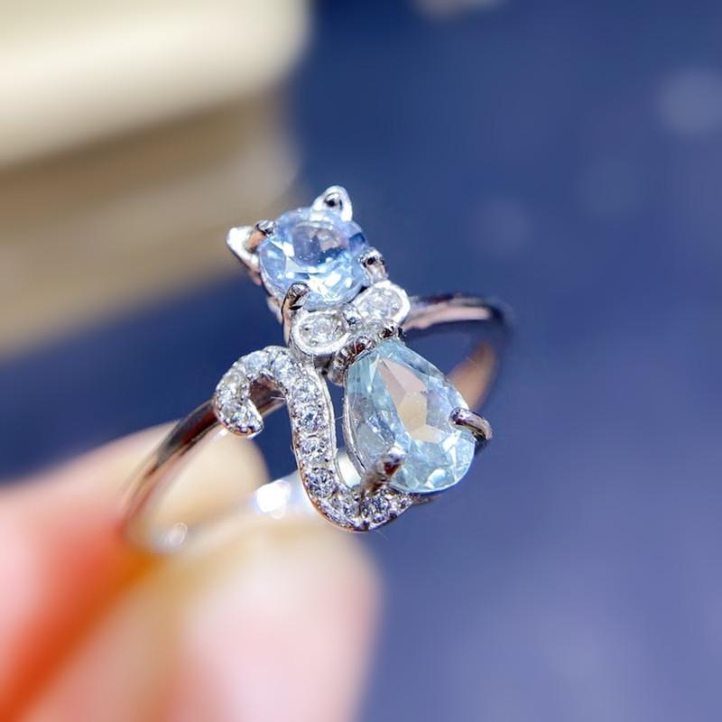 

Cluster Rings Natural Real Sky Blue Topaz Cute Cat Style Ring Per Jewelry 0.5ct*2pcs Gemstone 925 Sterling Silver Fine Q2142329, Golden;silver