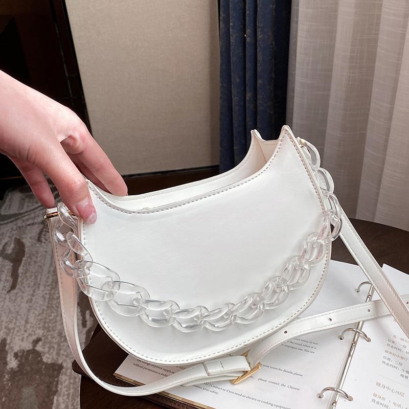 

Fashion Solid Color PU Leather Crossbody Bags For Women 2021 New Ladies Chain Handbags Designer Moon Type Shoulder Bags Female, White handbags