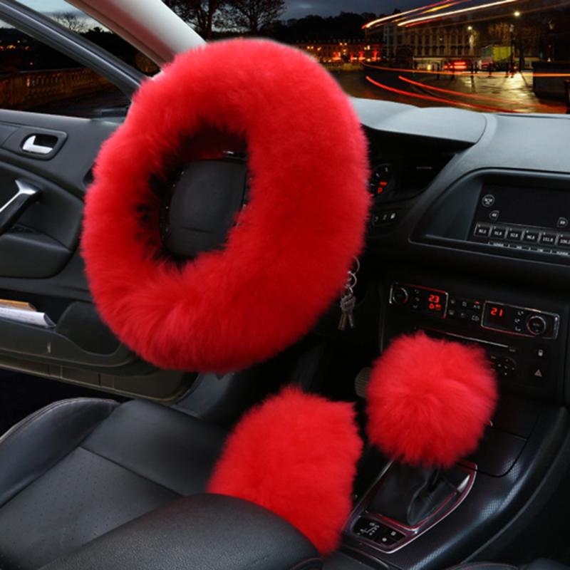 

3 Pcs/set High Quality Winter Wool Car Steering Wheel Cover Heated Steering Wheel Cover Handbrake Gear Shifter
