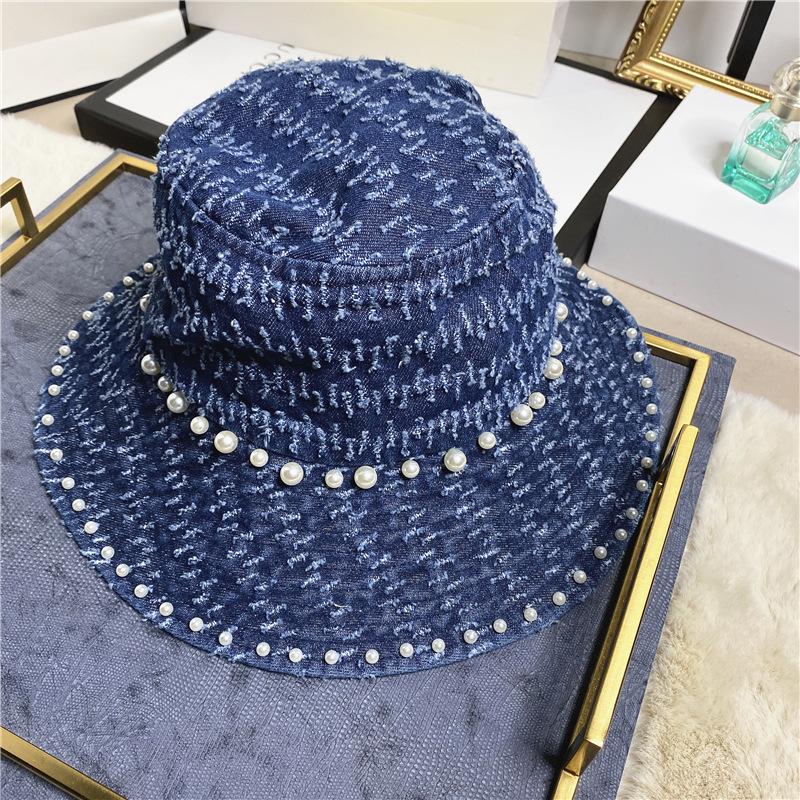 

Handmade Pearl Denim Lady Summer Korean Japanese Vintage Hooded Sun Hat Cloth Bucket Sun Hat, Light blue