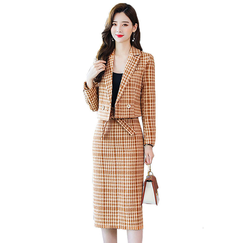 

New Women Winter Plaid Jacket and Suit Skirt 2 Piece Defines Ladies of High Quality Elegant Fine Woven Wool Set R675 R4il, Orange