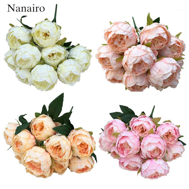 

1PCS 10 Heads Large Silk Artificial Flowers Bouquet Fall Vivid Peony Fake Leaf Wedding Party Decoration Home Festival Supplies1, White