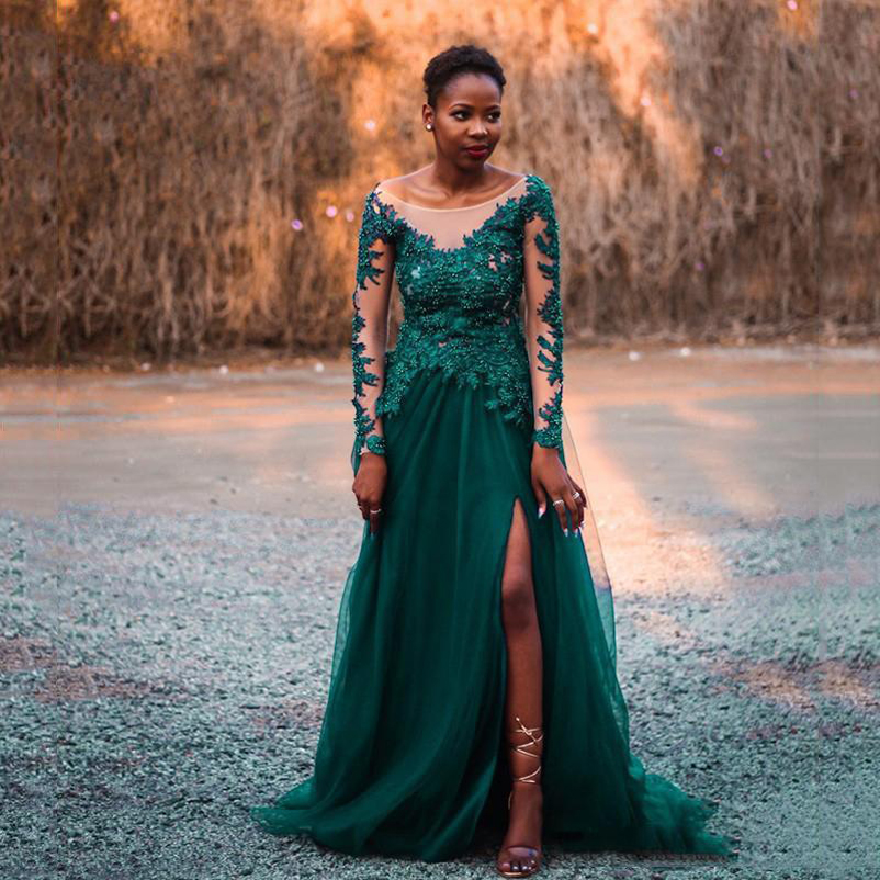 

Hunter Green African Long Sleeves Split Lace Evening Dresses with Beaded Appliques Sweep Train Tulle Plus Size Formal Prom Party Gowns, Silver