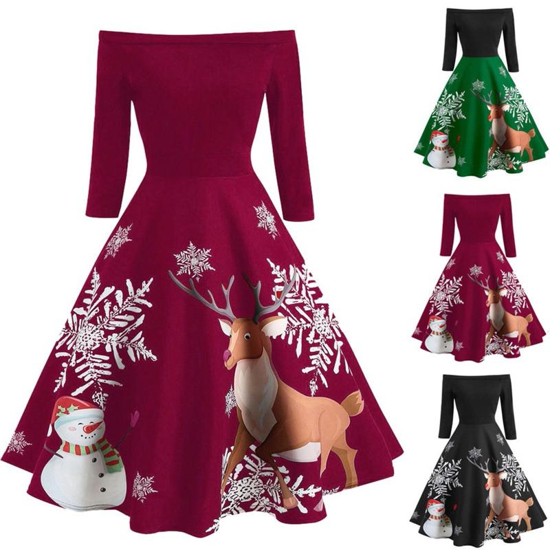 

Christmas Women Off Shoulder Print Vintage Evening Party Dress Flare Dress Christmas elk print retro Sexy strapless dress#WBY, Red
