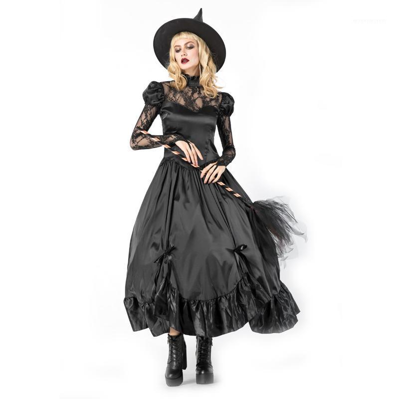 

Lady Women Black Sexy Halloween witch Long Sorceress Queen Costume Lace Long Sleeve with hat Dresses1, 8854